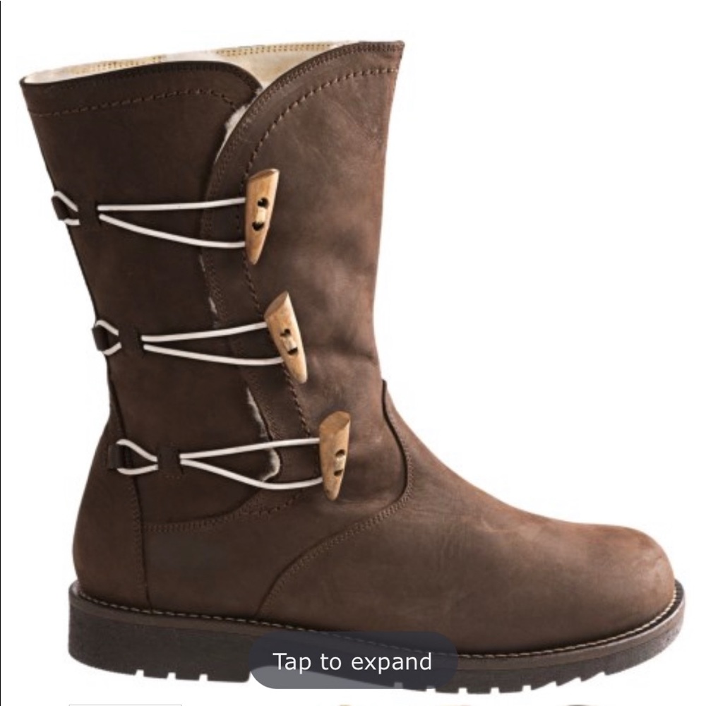Birkenstock Footprints Alphen Mid Calf Brown Leather Boot Shearling Toggle‎ Size